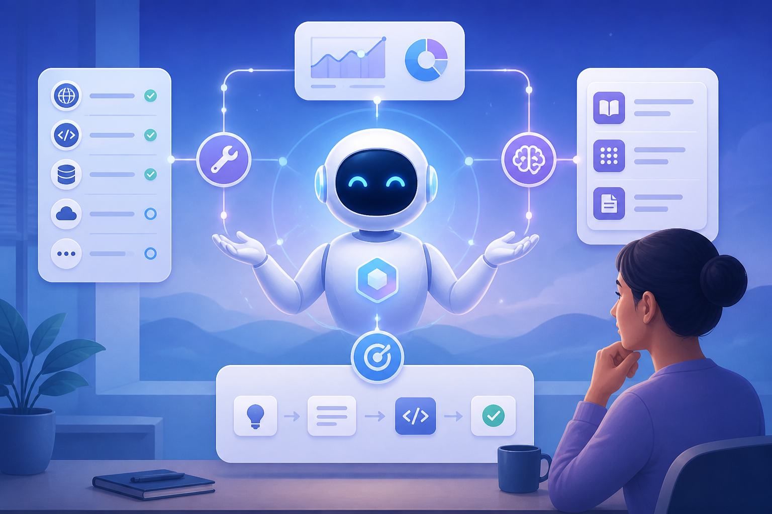 Illustration of an AI agent coordinating tools, memory, and planning across a digital workspace