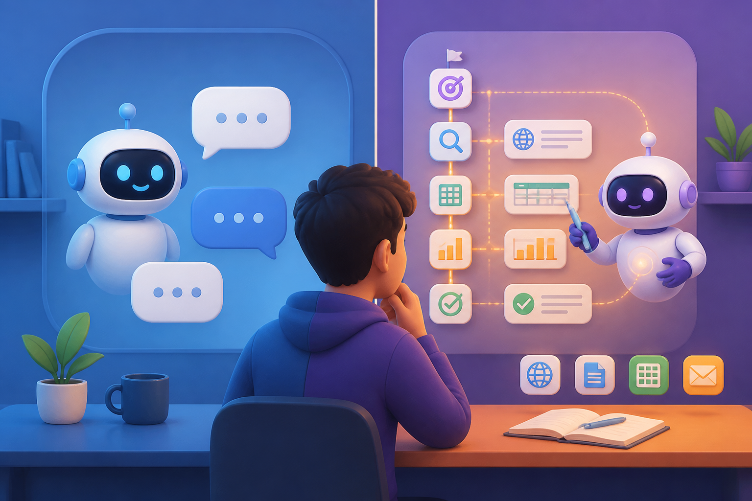 Illustration comparing a simple chatbot conversation with an AI agent planning a multi-step task